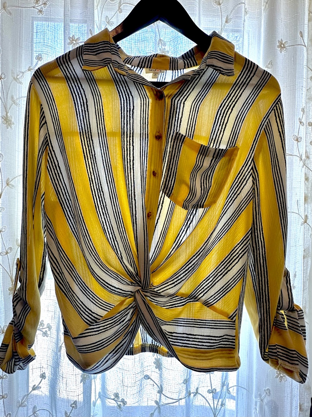 SELF🩷E Women’s Yellow Striped Button-Front Twist Hem Top